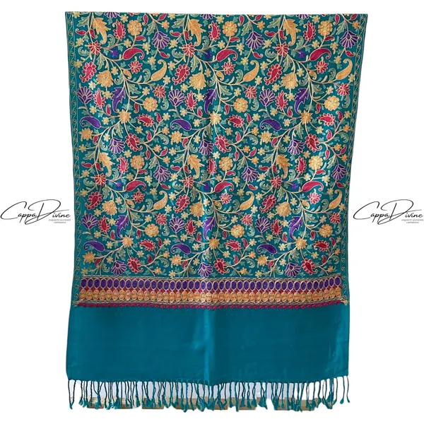 Turkish Cashmere Scarf with Suzani Embroidery of Paisley Pattern