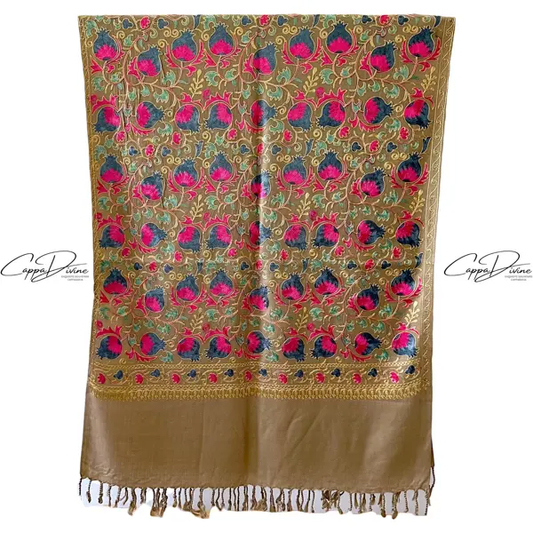 Turkish Cashmere Scarf with Suzani Embroidery of Pomegranate Pattern